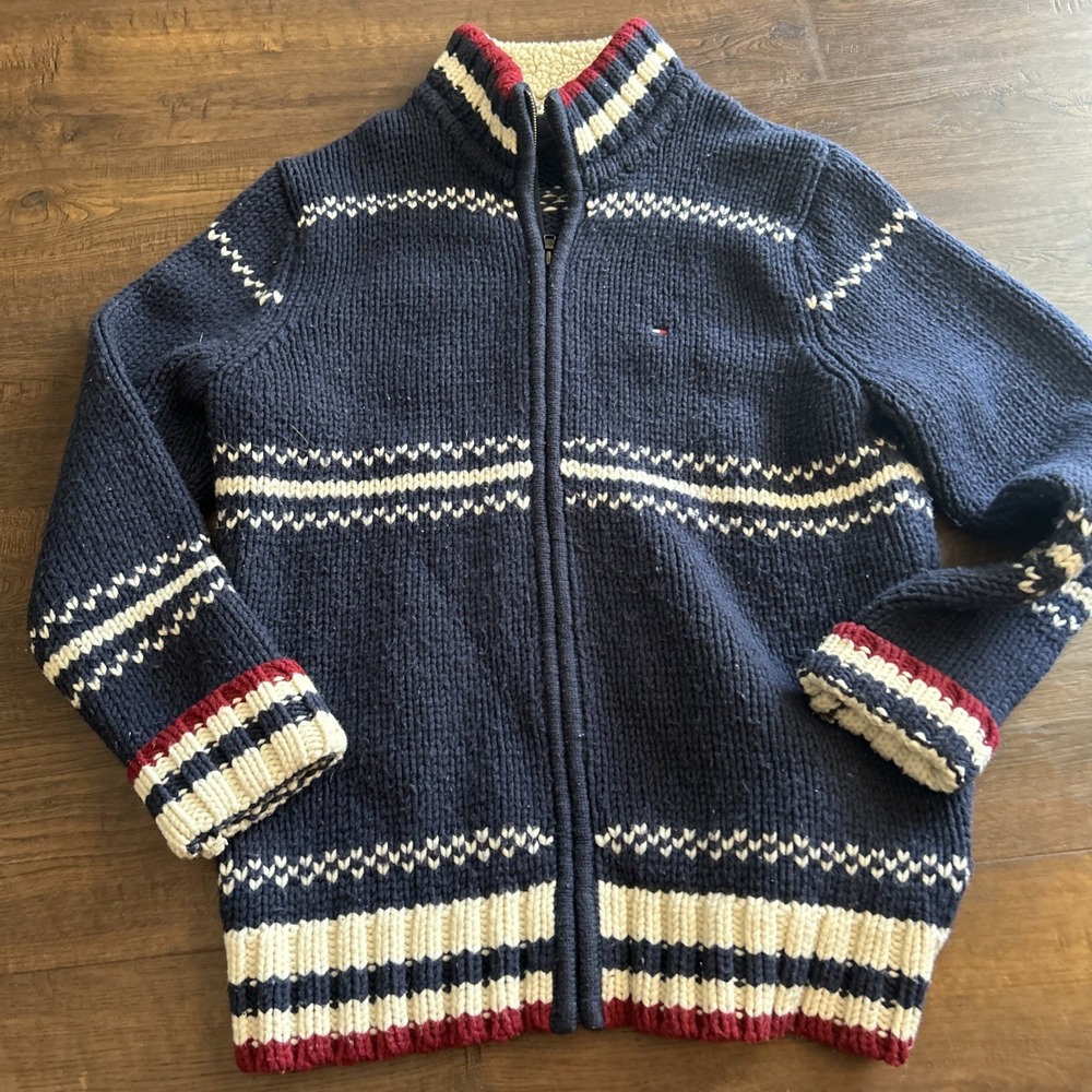 Tommy Hilfiger Mens M Heavy Chunky Knit Fair Isle Full Zip Sweater Jacket